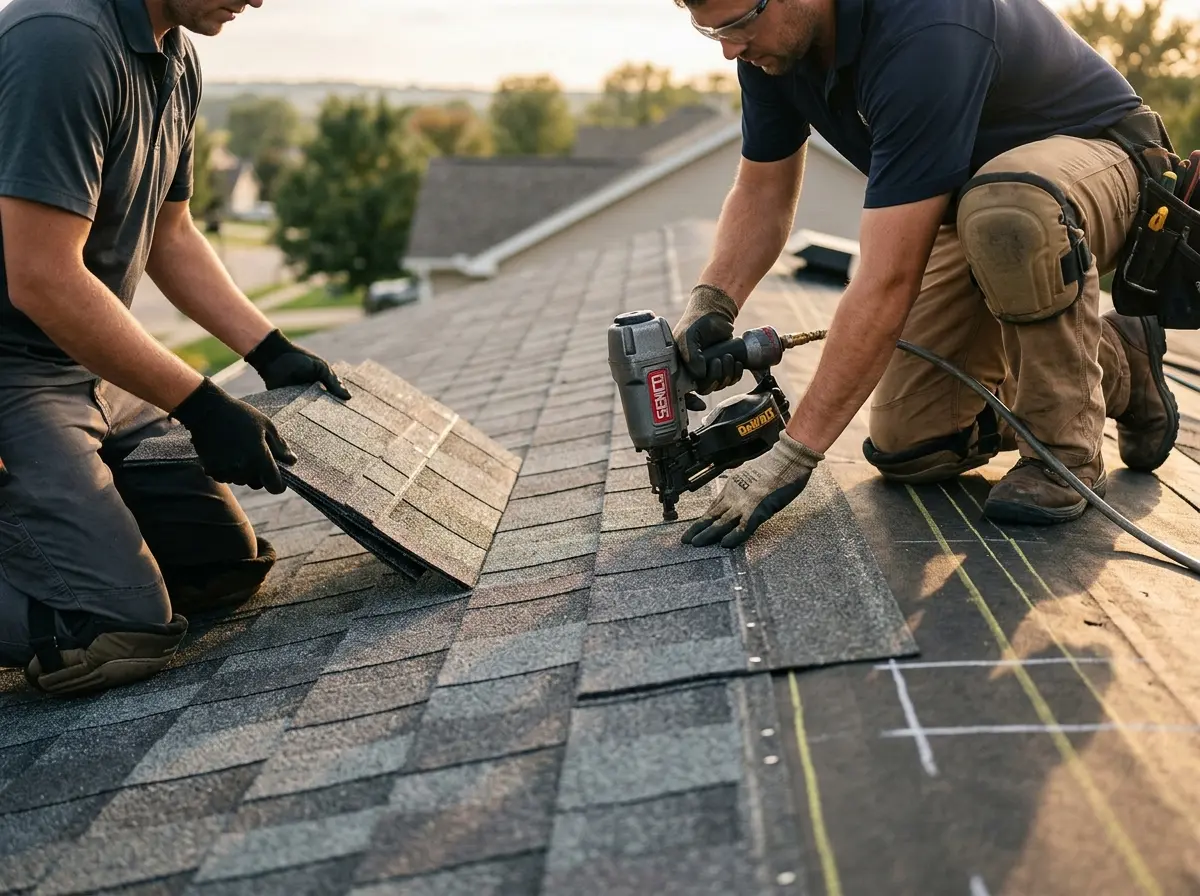 Professional roofer working on a residential roof in River Forest